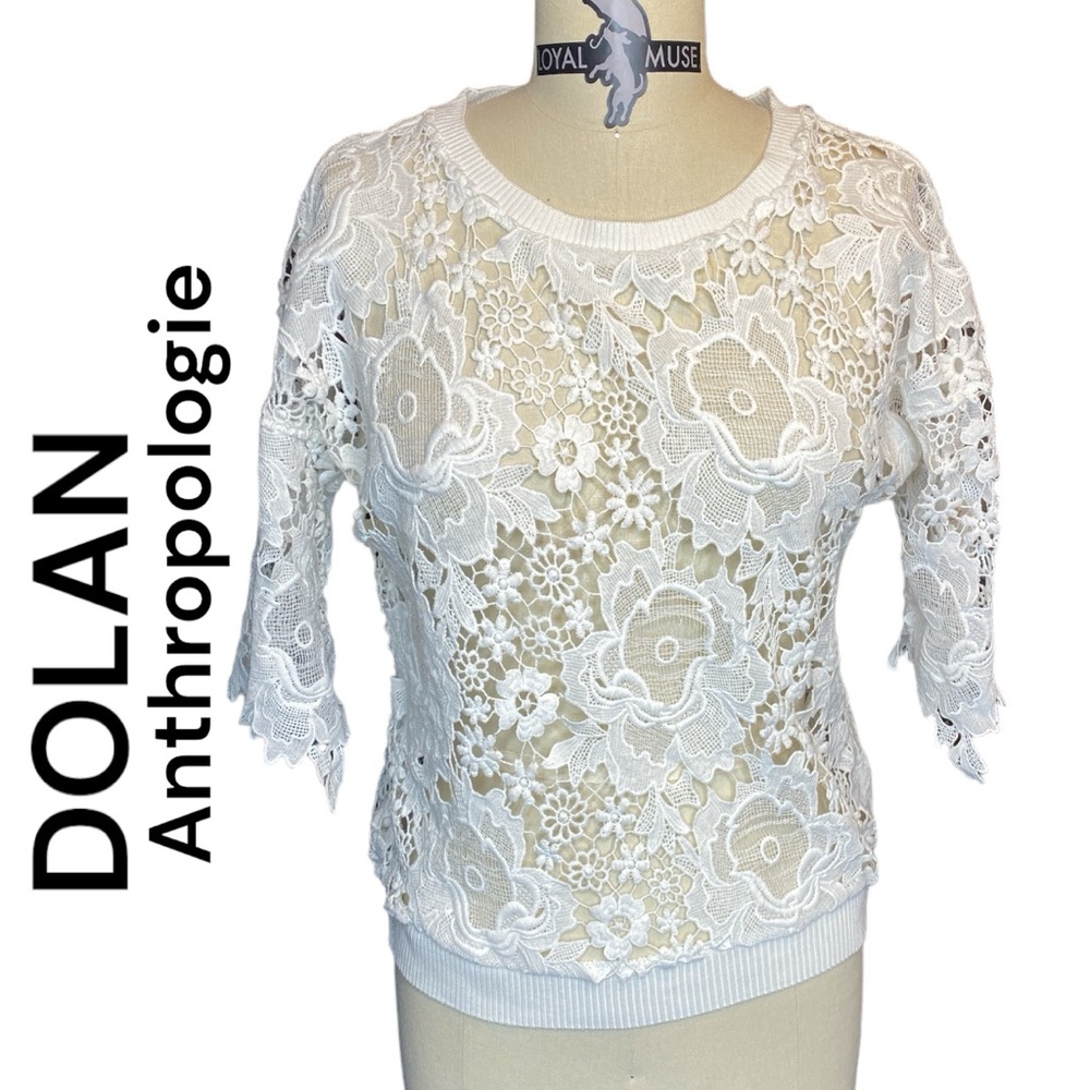 Dolan Left Coat Collection / Anthropologie Sz XS White Lace Top Rib Waist & Neck